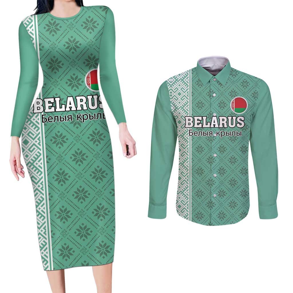 Custom Belarus Football Couples Matching Long Sleeve Bodycon Dress and Long Sleeve Button Shirt The White Wings Green Version