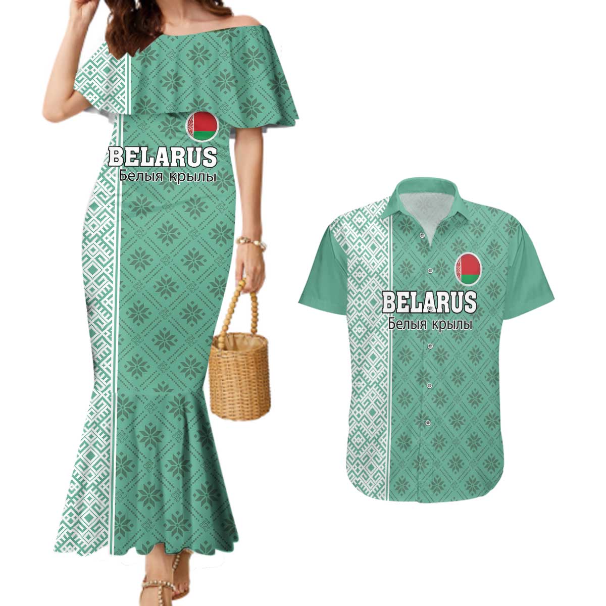 Custom Belarus Football Couples Matching Mermaid Dress and Hawaiian Shirt The White Wings Green Version