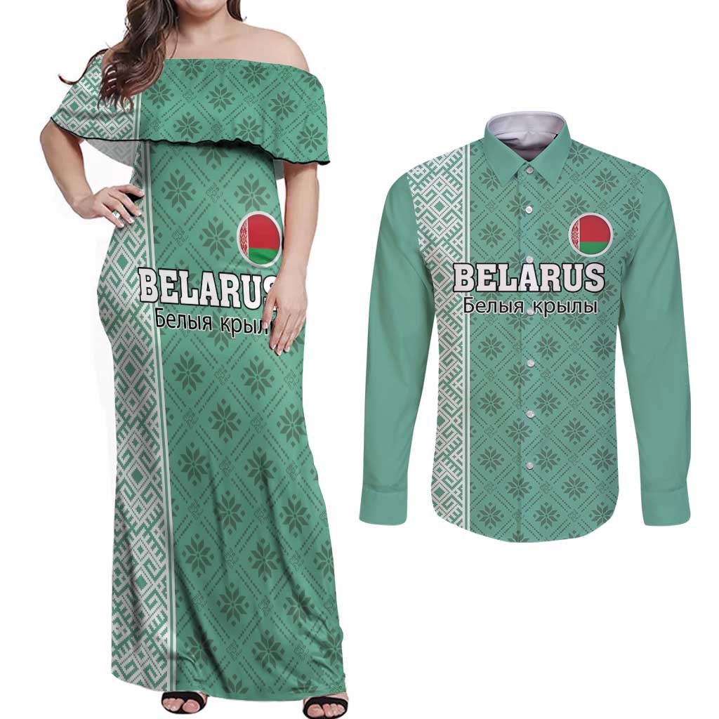 Custom Belarus Football Couples Matching Off Shoulder Maxi Dress and Long Sleeve Button Shirt The White Wings Green Version