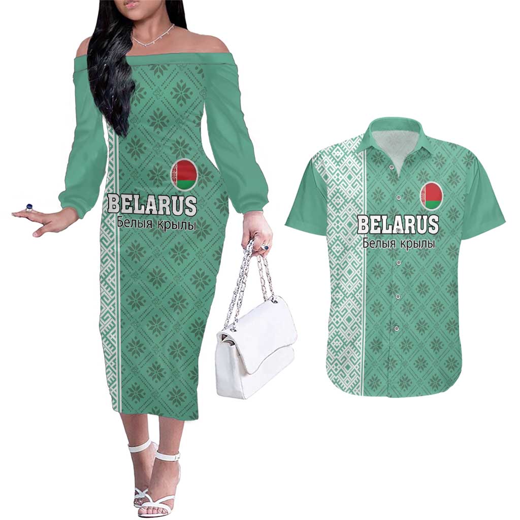 Custom Belarus Football Couples Matching Off The Shoulder Long Sleeve Dress and Hawaiian Shirt The White Wings Green Version