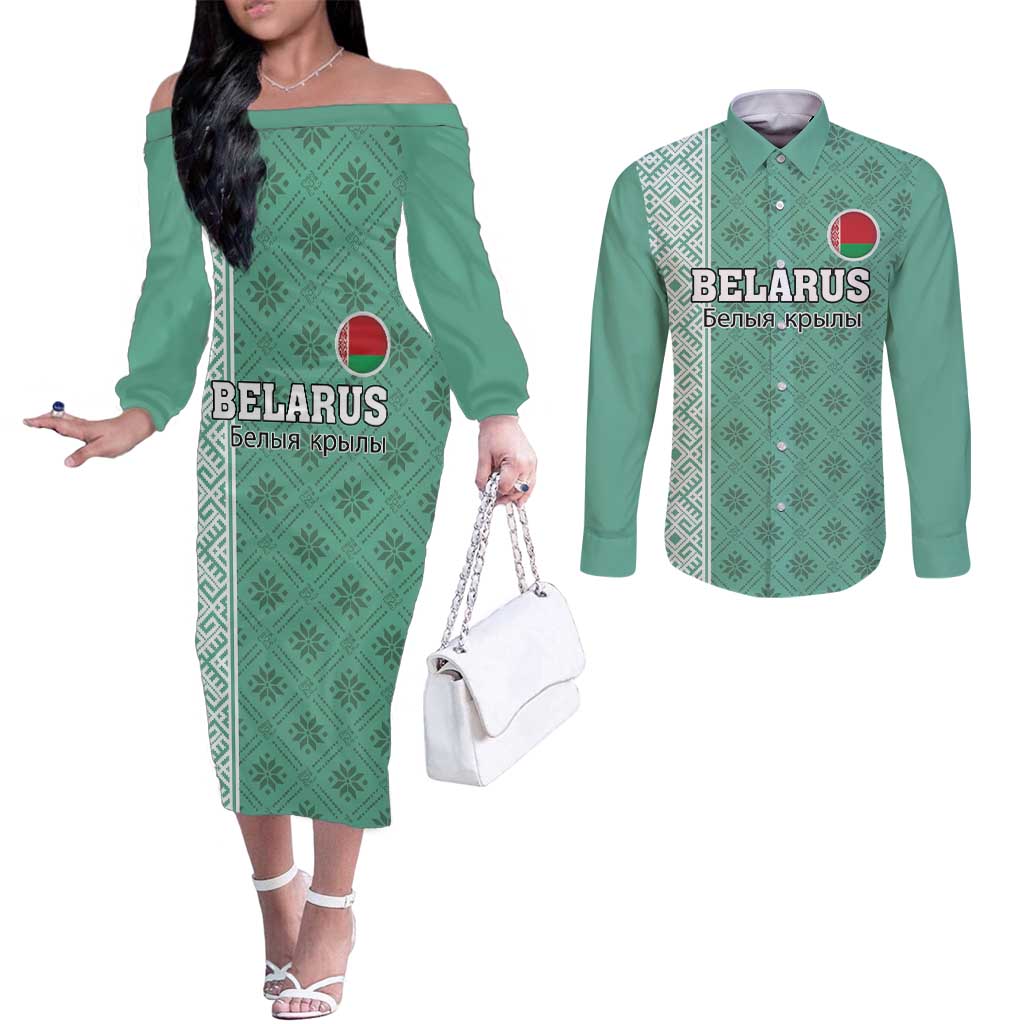 Custom Belarus Football Couples Matching Off The Shoulder Long Sleeve Dress and Long Sleeve Button Shirt The White Wings Green Version