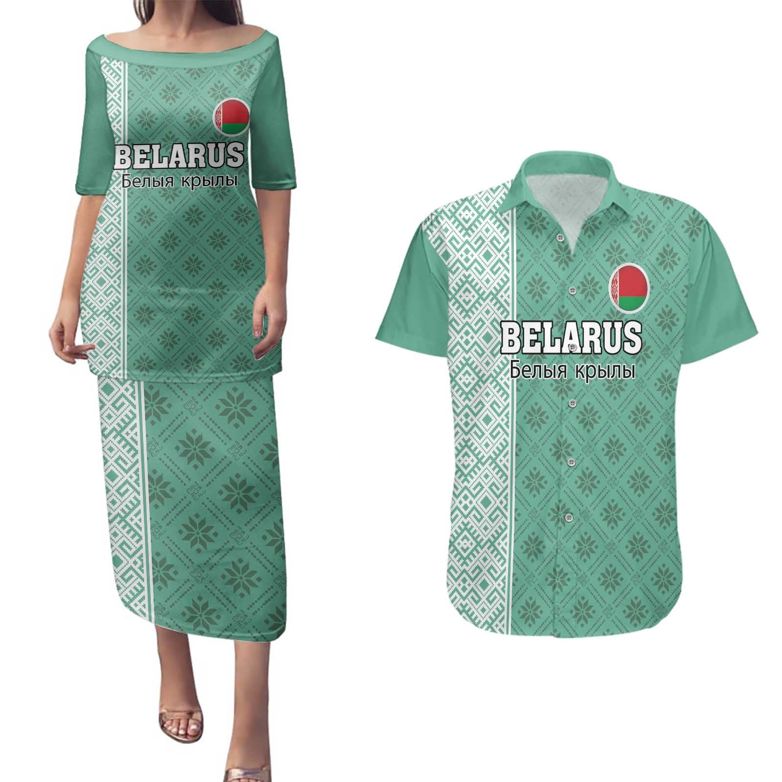 Custom Belarus Football Couples Matching Puletasi and Hawaiian Shirt The White Wings Green Version