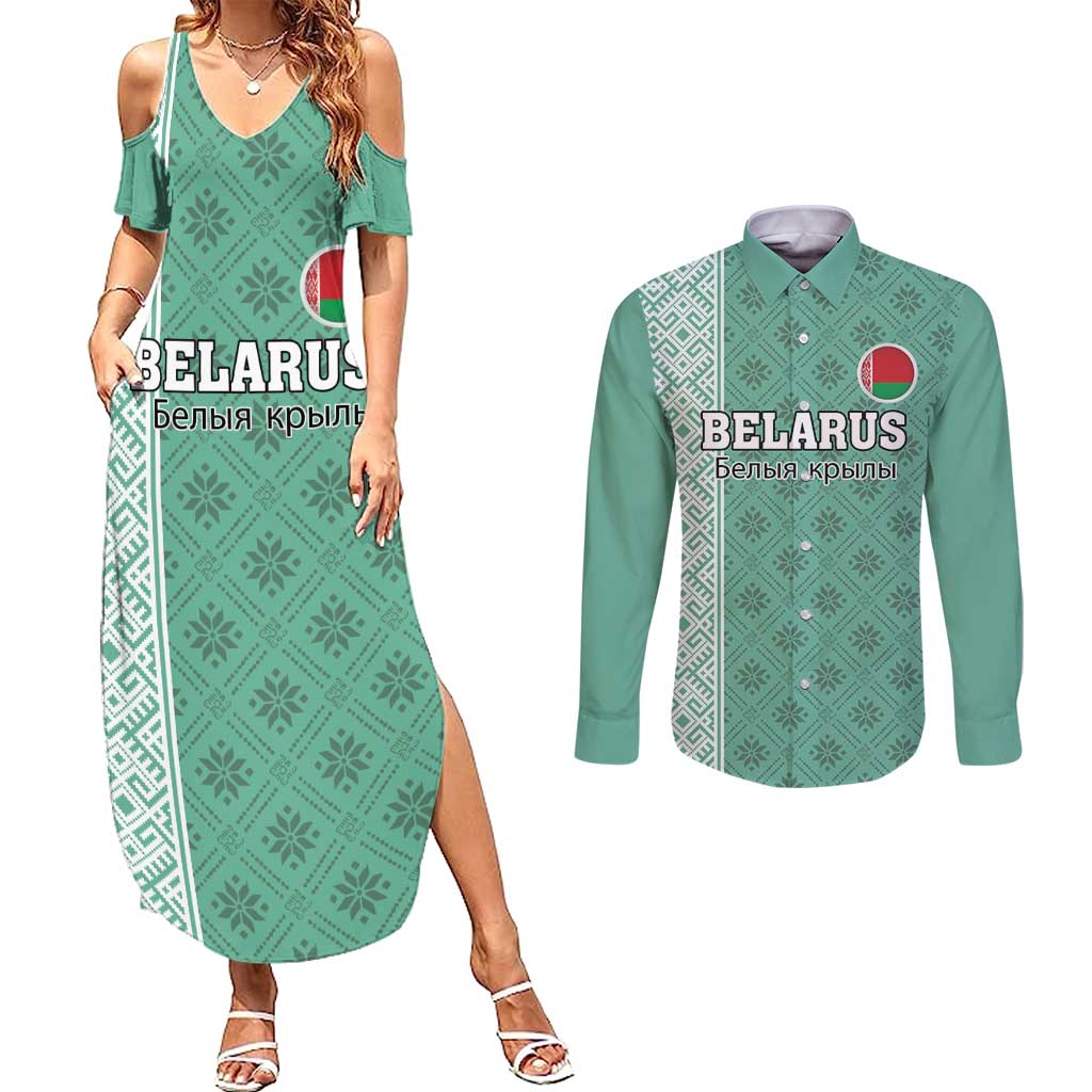 Custom Belarus Football Couples Matching Summer Maxi Dress and Long Sleeve Button Shirt The White Wings Green Version