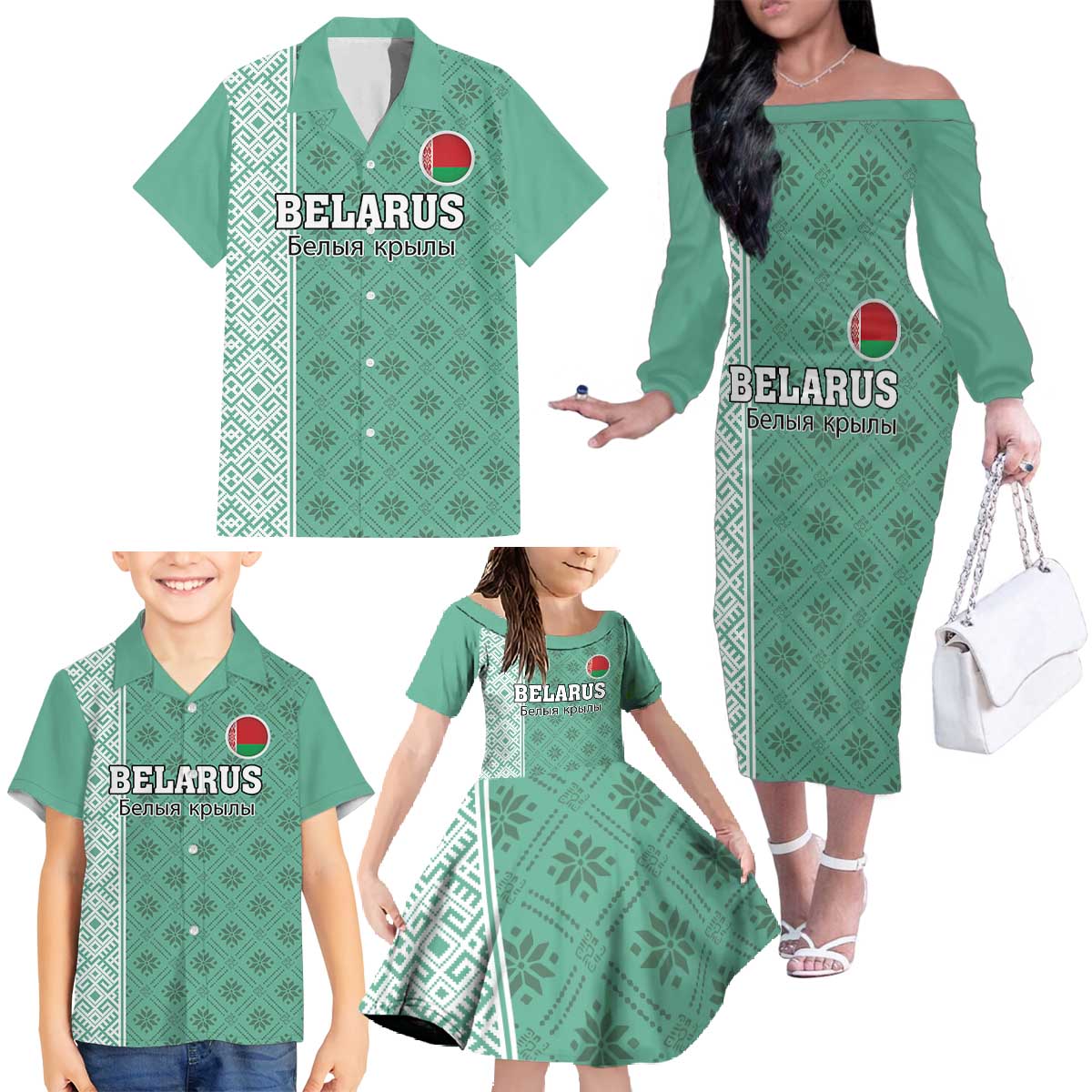 Custom Belarus Football Family Matching Off The Shoulder Long Sleeve Dress and Hawaiian Shirt The White Wings Green Version