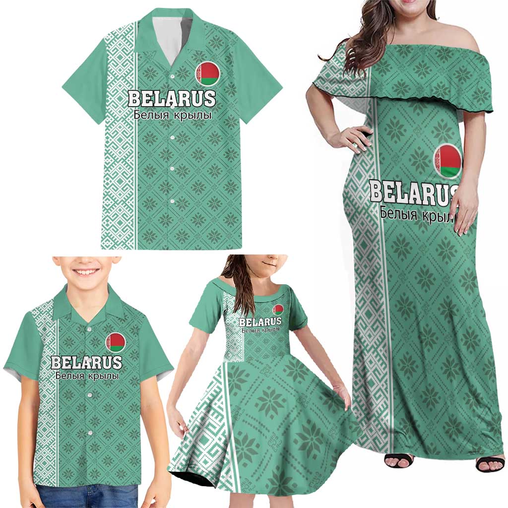 Custom Belarus Football Family Matching Off Shoulder Maxi Dress and Hawaiian Shirt The White Wings Green Version