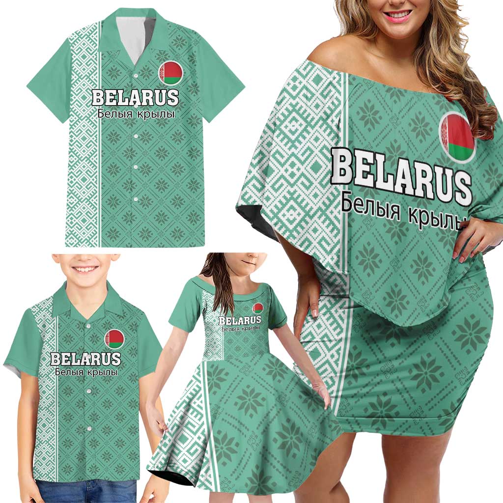 Custom Belarus Football Family Matching Off Shoulder Short Dress and Hawaiian Shirt The White Wings Green Version