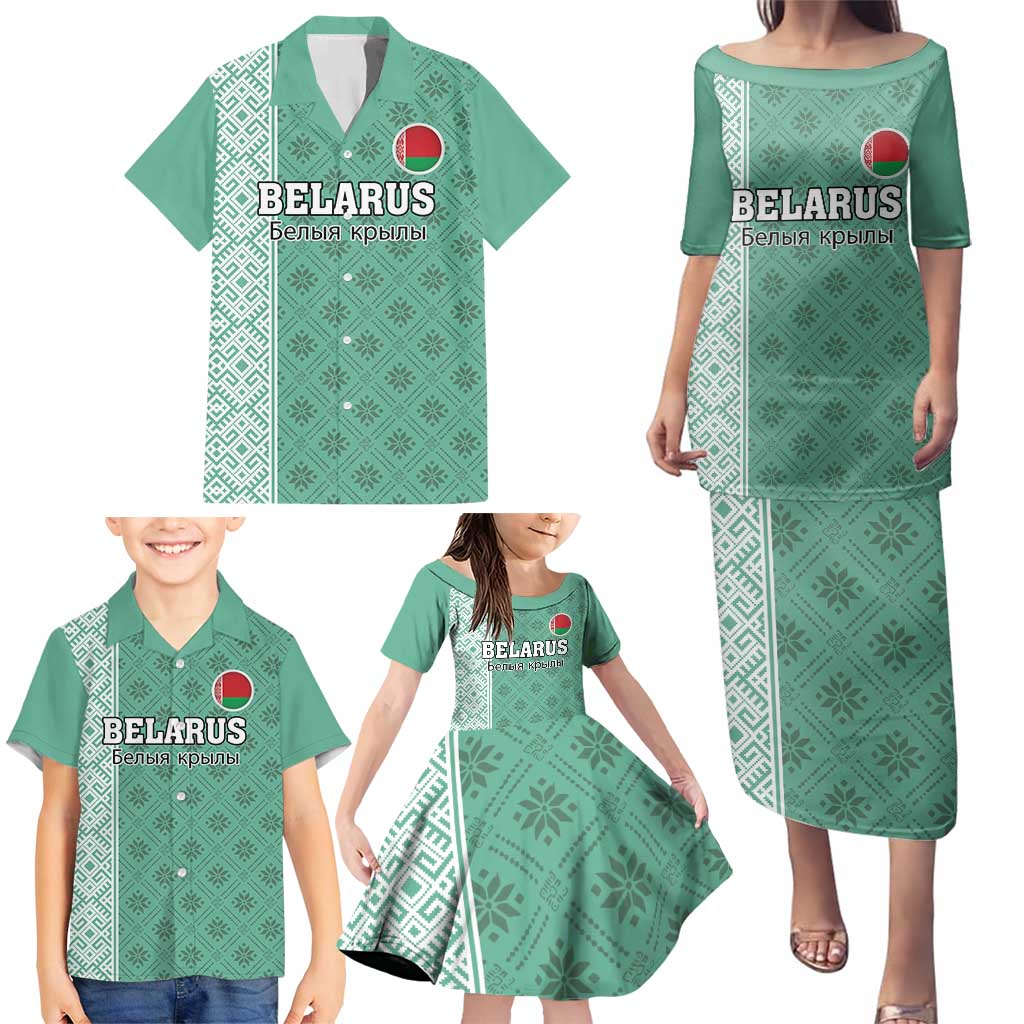 Custom Belarus Football Family Matching Puletasi and Hawaiian Shirt The White Wings Green Version