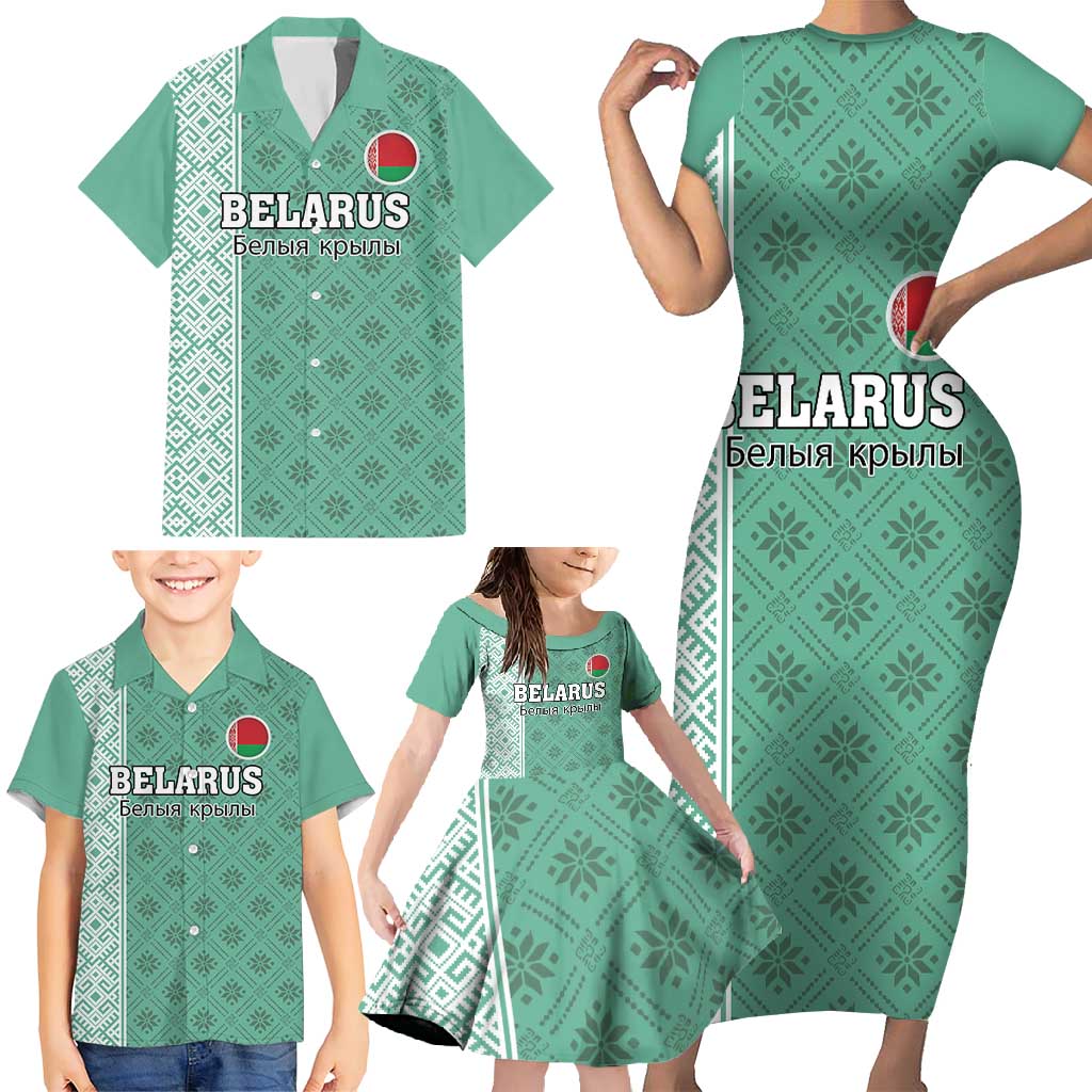 Custom Belarus Football Family Matching Short Sleeve Bodycon Dress and Hawaiian Shirt The White Wings Green Version