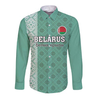 Green long-sleeve football button shirt with Belarus crest and front graphic