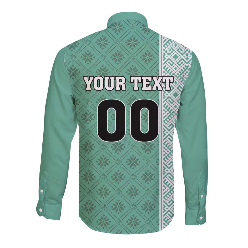 Green long-sleeve football button shirt, back shows YOUR TEXT and number 00