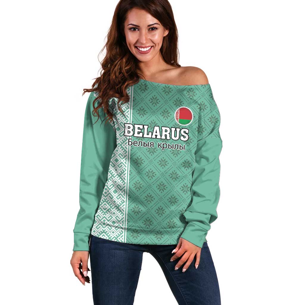 Custom Belarus Football Off Shoulder Sweater The White Wings Green Version