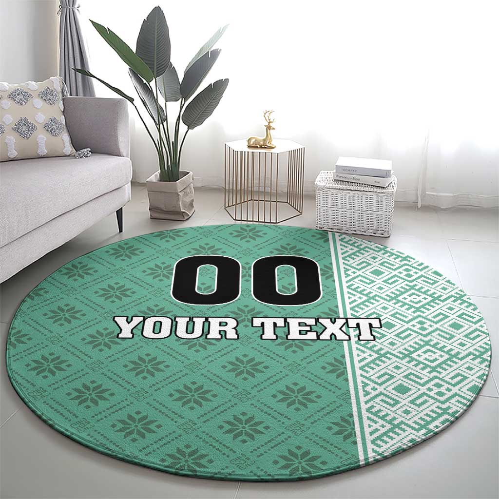 Round green football carpet with 'YOUR TEXT' and two black oval icons