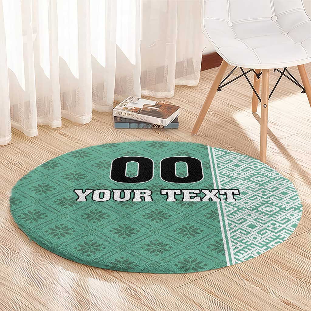Round green football carpet with 'YOUR TEXT' and diamond border stripe