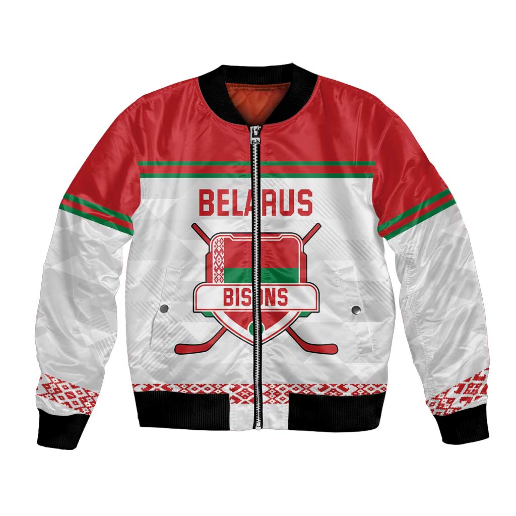 Custom Belarus Ice Hockey Bomber Jacket 2025 Go Bisons White Version