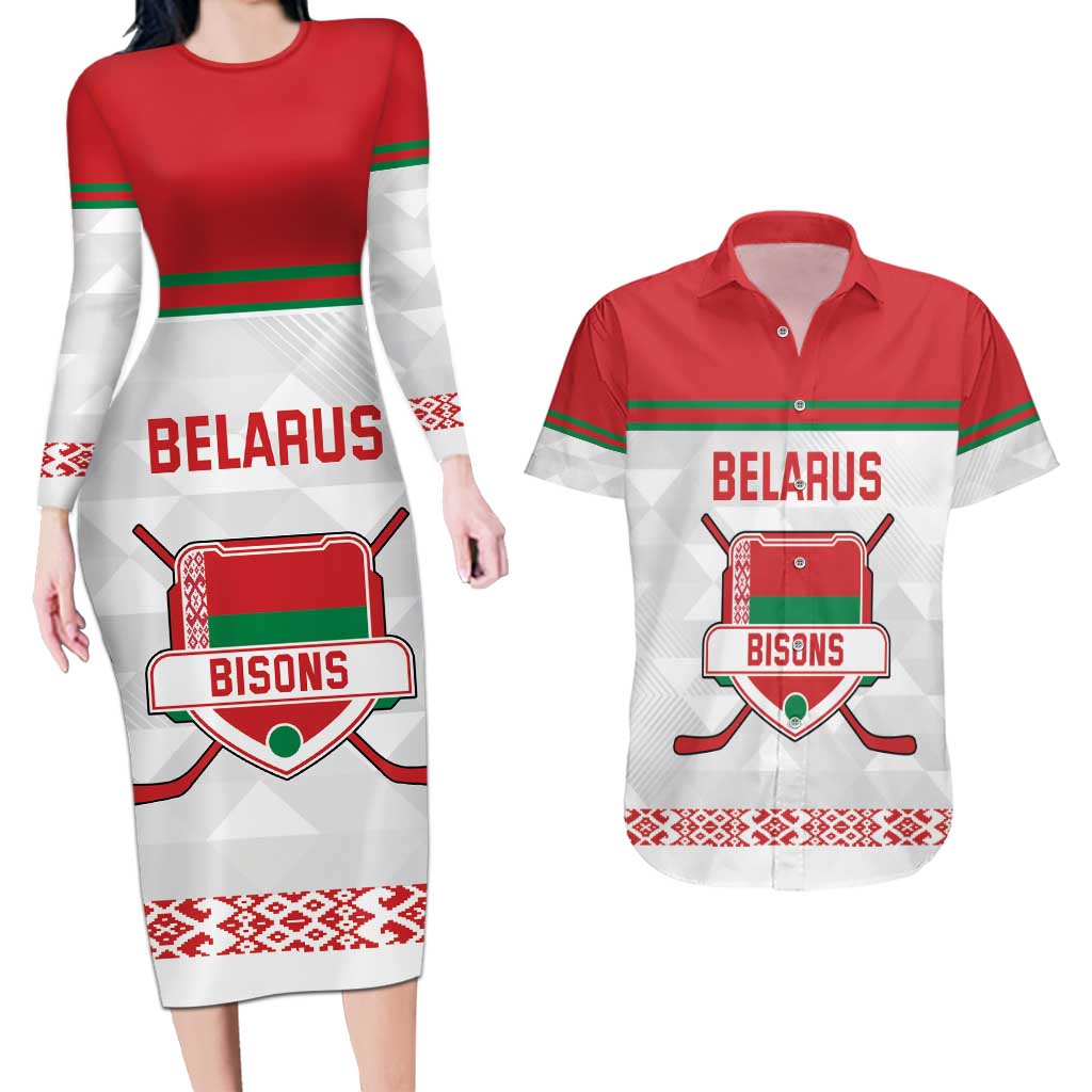 Custom Belarus Ice Hockey Couples Matching Long Sleeve Bodycon Dress and Hawaiian Shirt 2025 Go Bisons White Version