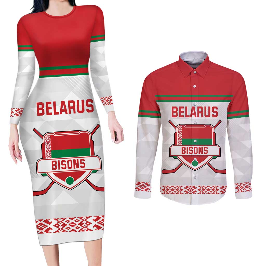 Custom Belarus Ice Hockey Couples Matching Long Sleeve Bodycon Dress and Long Sleeve Button Shirt 2025 Go Bisons White Version