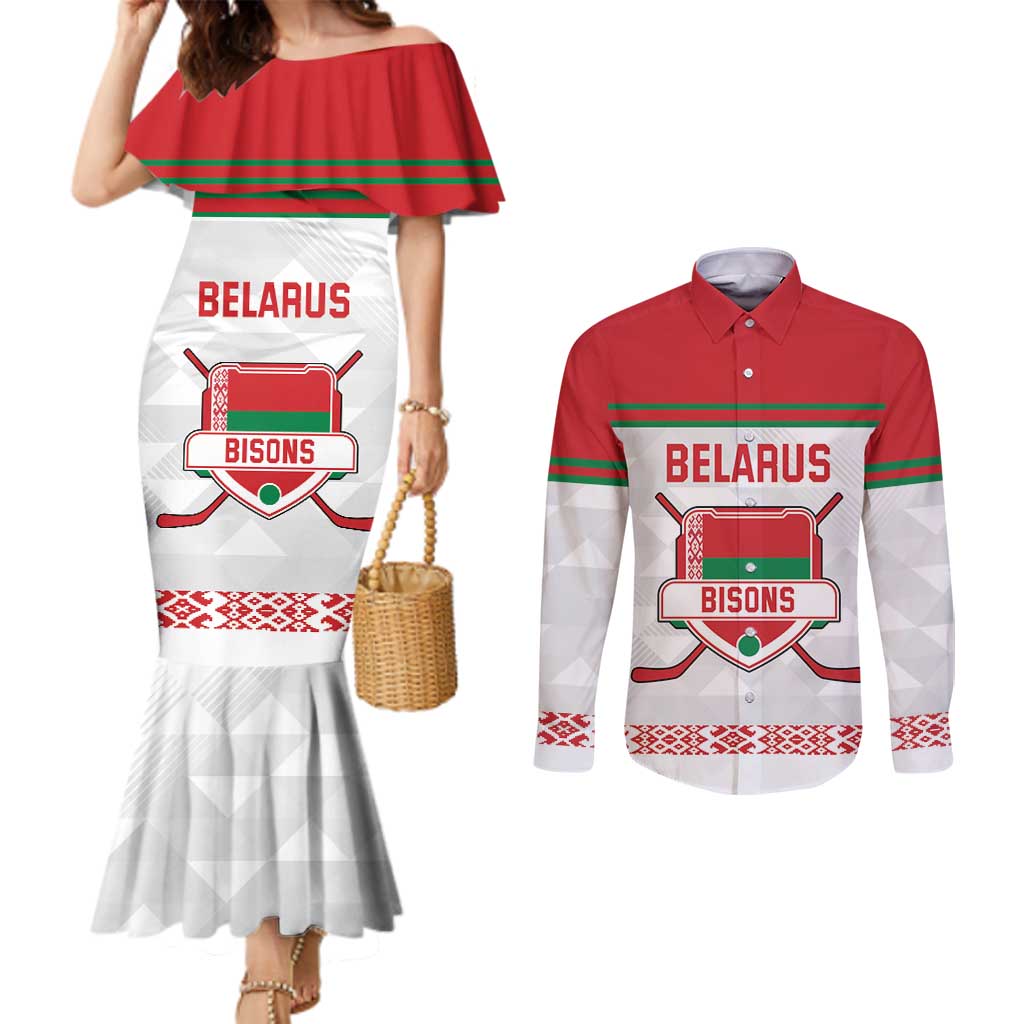 Custom Belarus Ice Hockey Couples Matching Mermaid Dress and Long Sleeve Button Shirt 2025 Go Bisons White Version