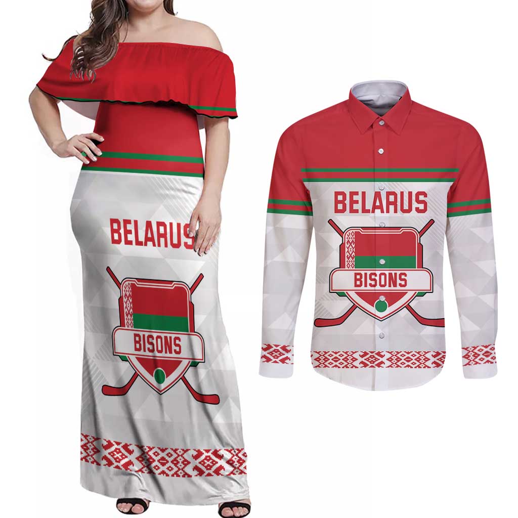 Custom Belarus Ice Hockey Couples Matching Off Shoulder Maxi Dress and Long Sleeve Button Shirt 2025 Go Bisons White Version