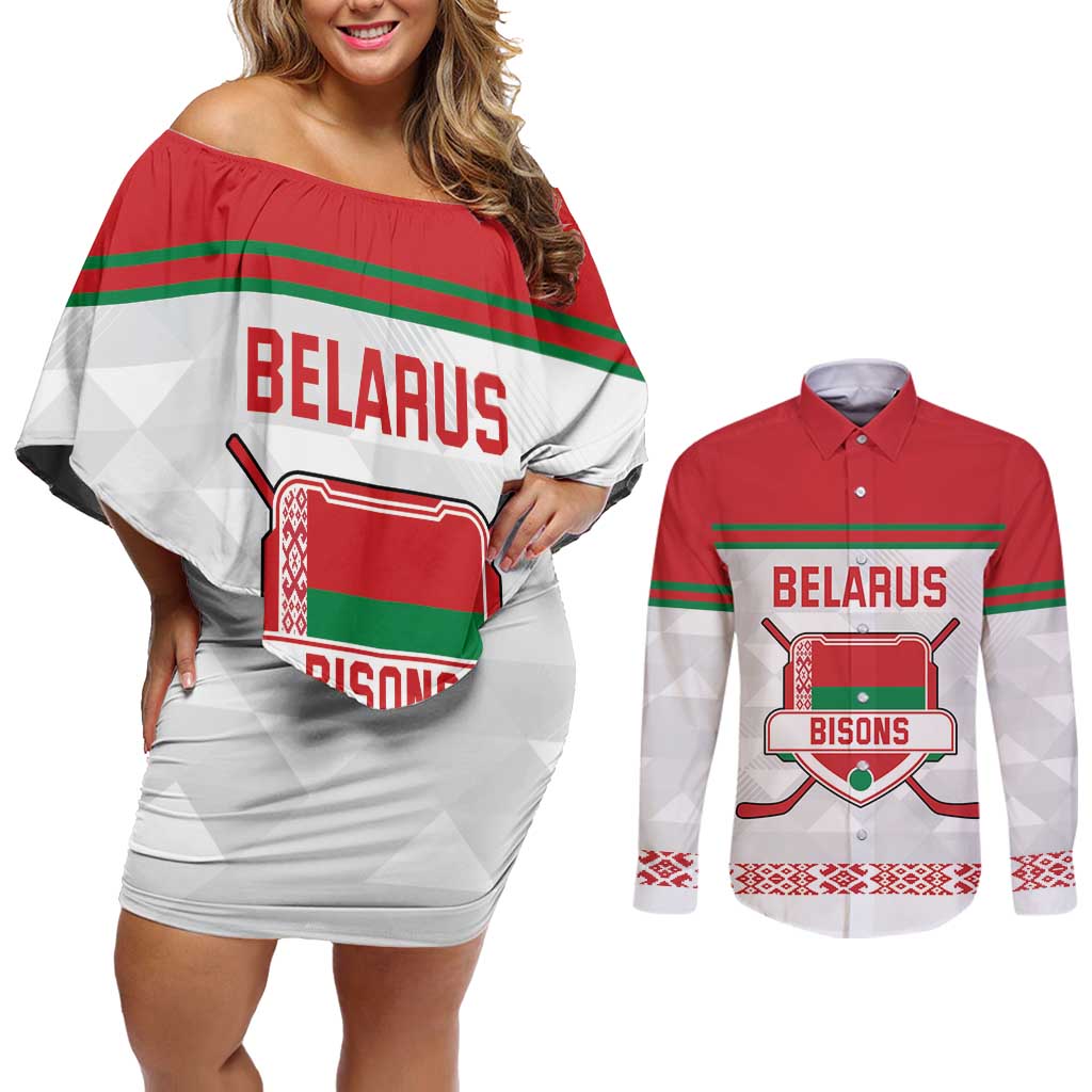 Custom Belarus Ice Hockey Couples Matching Off Shoulder Short Dress and Long Sleeve Button Shirt 2025 Go Bisons White Version