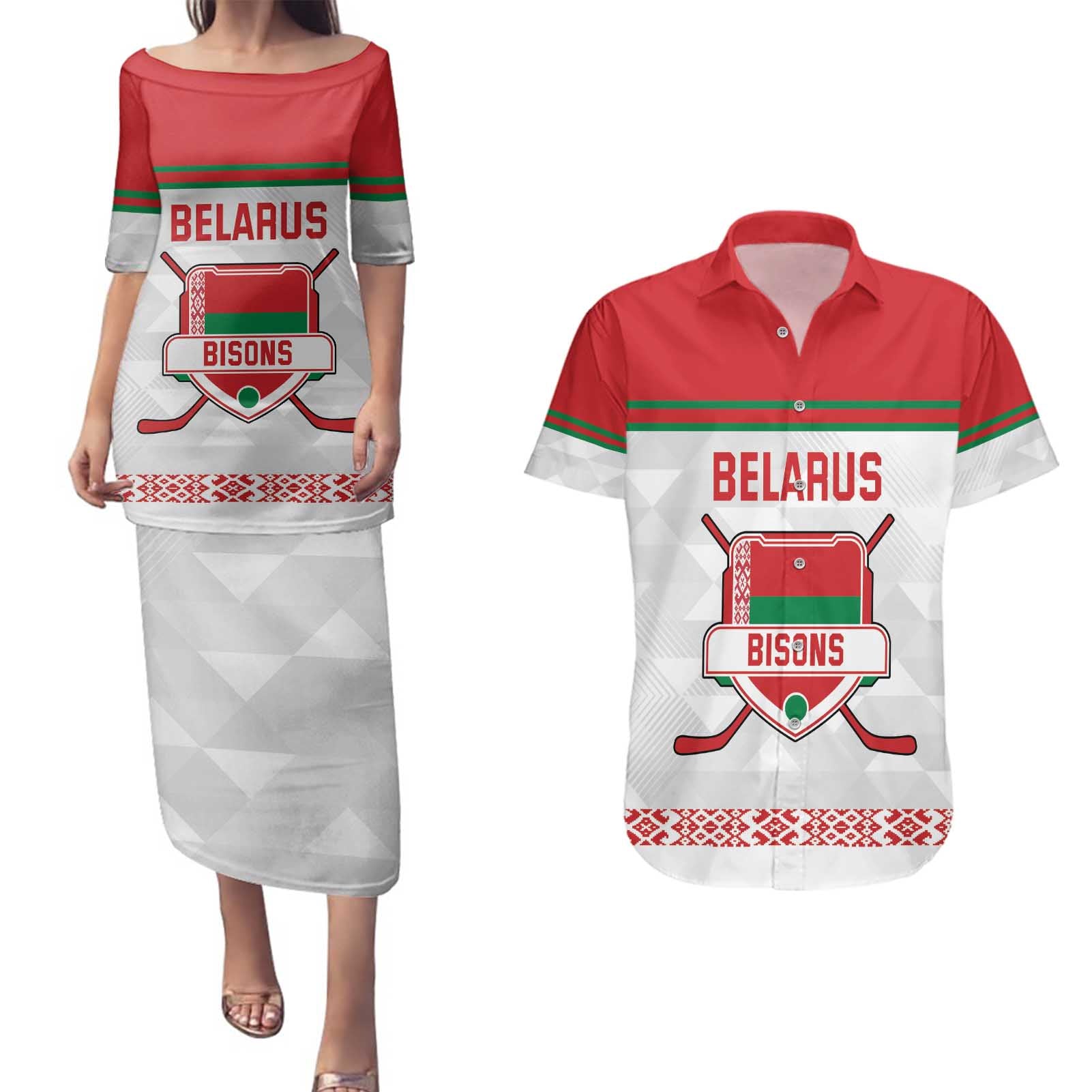 Custom Belarus Ice Hockey Couples Matching Puletasi and Hawaiian Shirt 2025 Go Bisons White Version