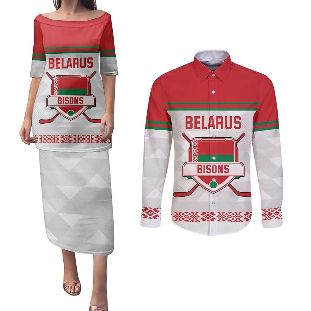 Custom Belarus Ice Hockey Couples Matching Puletasi and Long Sleeve Button Shirt 2025 Go Bisons White Version