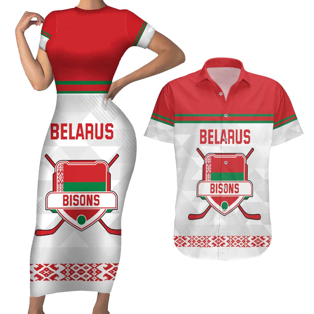 Custom Belarus Ice Hockey Couples Matching Short Sleeve Bodycon Dress and Hawaiian Shirt 2025 Go Bisons White Version