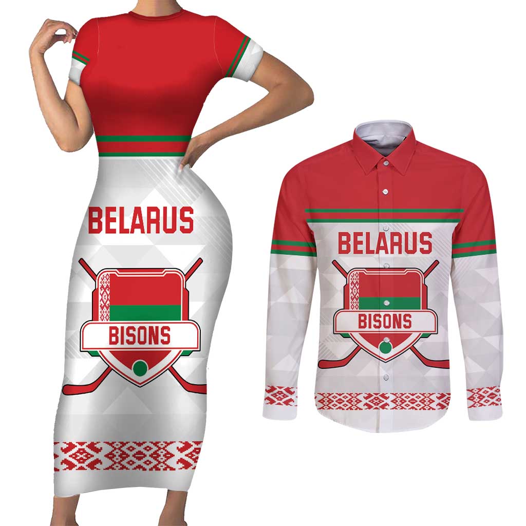 Custom Belarus Ice Hockey Couples Matching Short Sleeve Bodycon Dress and Long Sleeve Button Shirt 2025 Go Bisons White Version