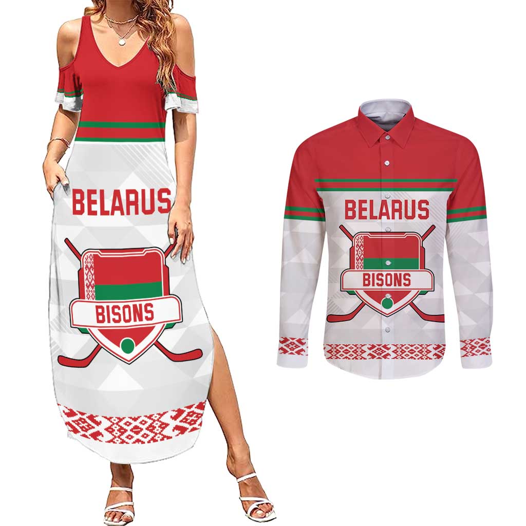 Custom Belarus Ice Hockey Couples Matching Summer Maxi Dress and Long Sleeve Button Shirt 2025 Go Bisons White Version