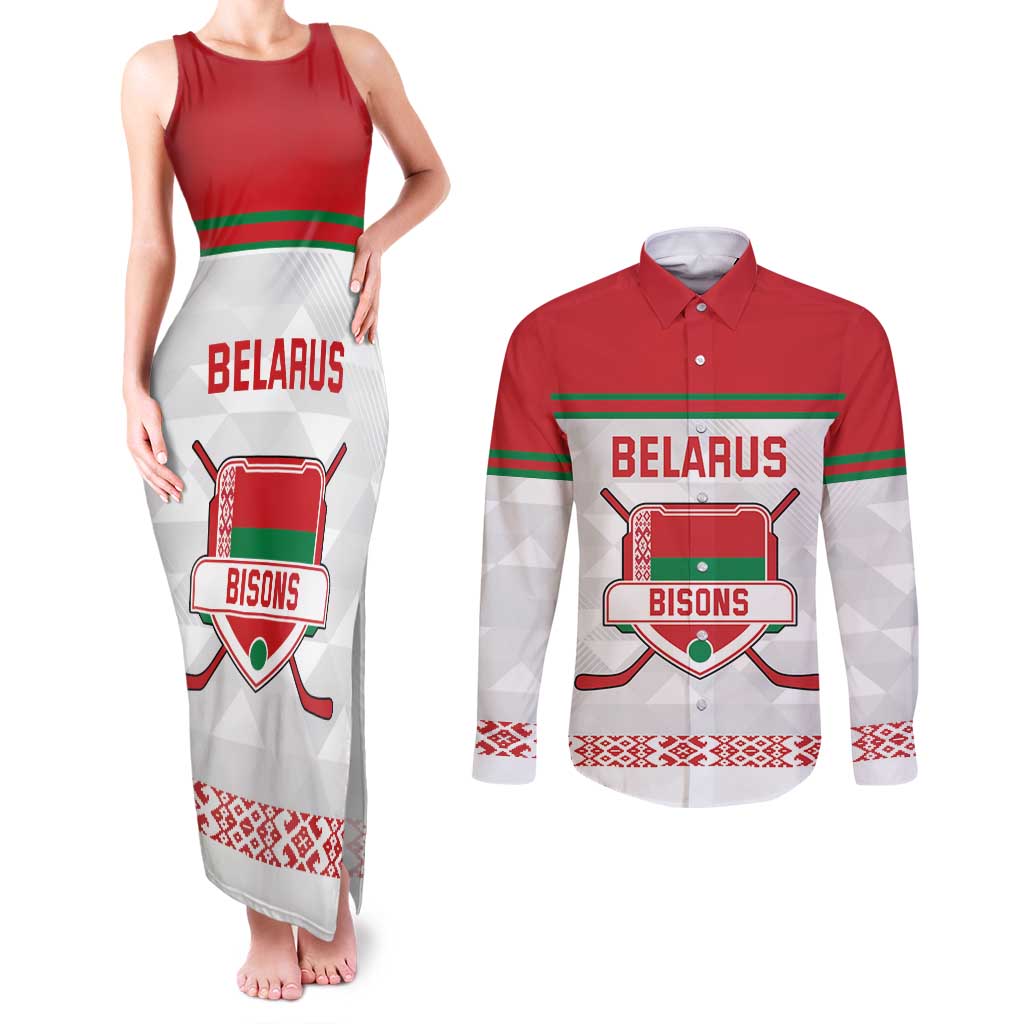 Custom Belarus Ice Hockey Couples Matching Tank Maxi Dress and Long Sleeve Button Shirt 2025 Go Bisons White Version