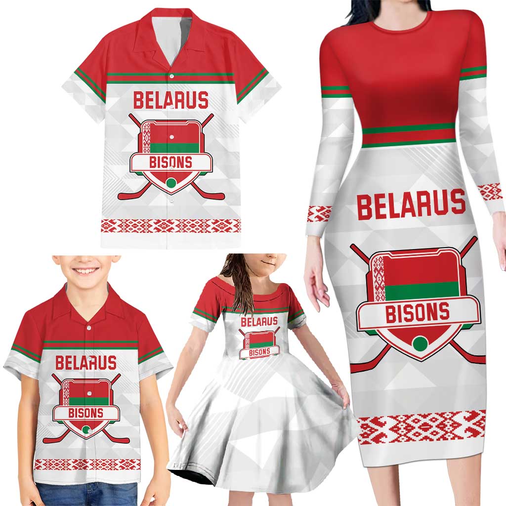 Custom Belarus Ice Hockey Family Matching Long Sleeve Bodycon Dress and Hawaiian Shirt 2025 Go Bisons White Version