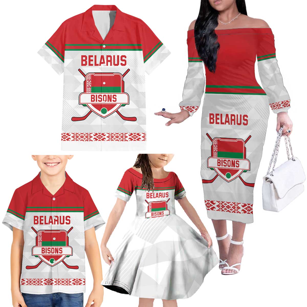 Custom Belarus Ice Hockey Family Matching Off The Shoulder Long Sleeve Dress and Hawaiian Shirt 2025 Go Bisons White Version