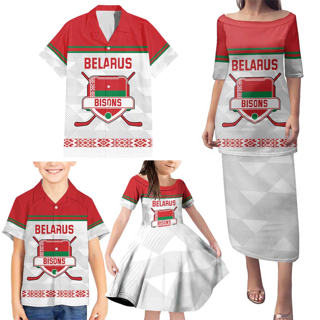 Custom Belarus Ice Hockey Family Matching Puletasi and Hawaiian Shirt 2025 Go Bisons White Version