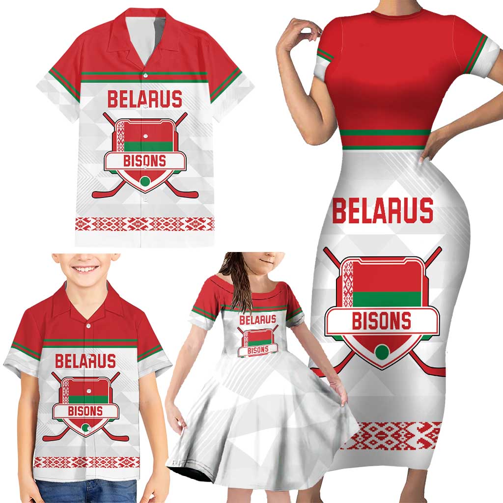 Custom Belarus Ice Hockey Family Matching Short Sleeve Bodycon Dress and Hawaiian Shirt 2025 Go Bisons White Version