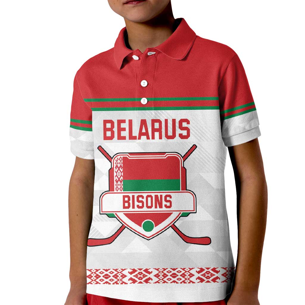 Custom Belarus Ice Hockey Kid Polo Shirt 2025 Go Bisons White Version