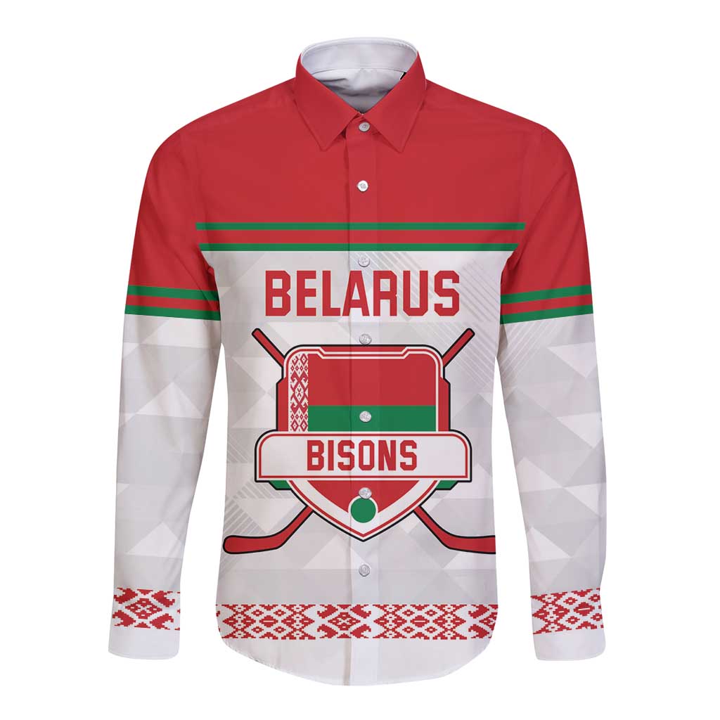 Custom Belarus Ice Hockey Long Sleeve Button Shirt 2025 Go Bisons White Version