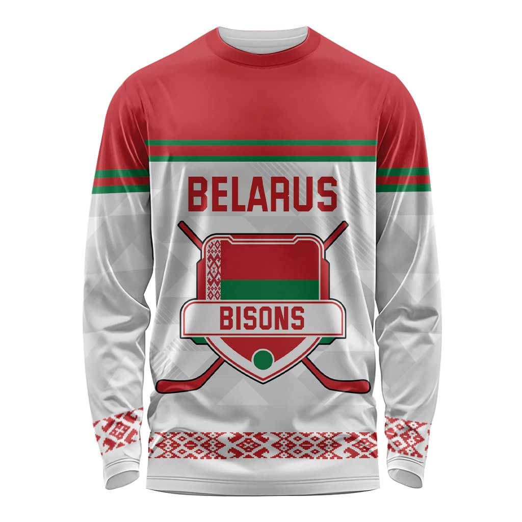 Custom Belarus Ice Hockey Long Sleeve Shirt 2025 Go Bisons White Version