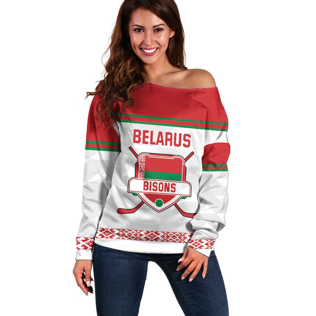 Custom Belarus Ice Hockey Off Shoulder Sweater 2025 Go Bisons White Version