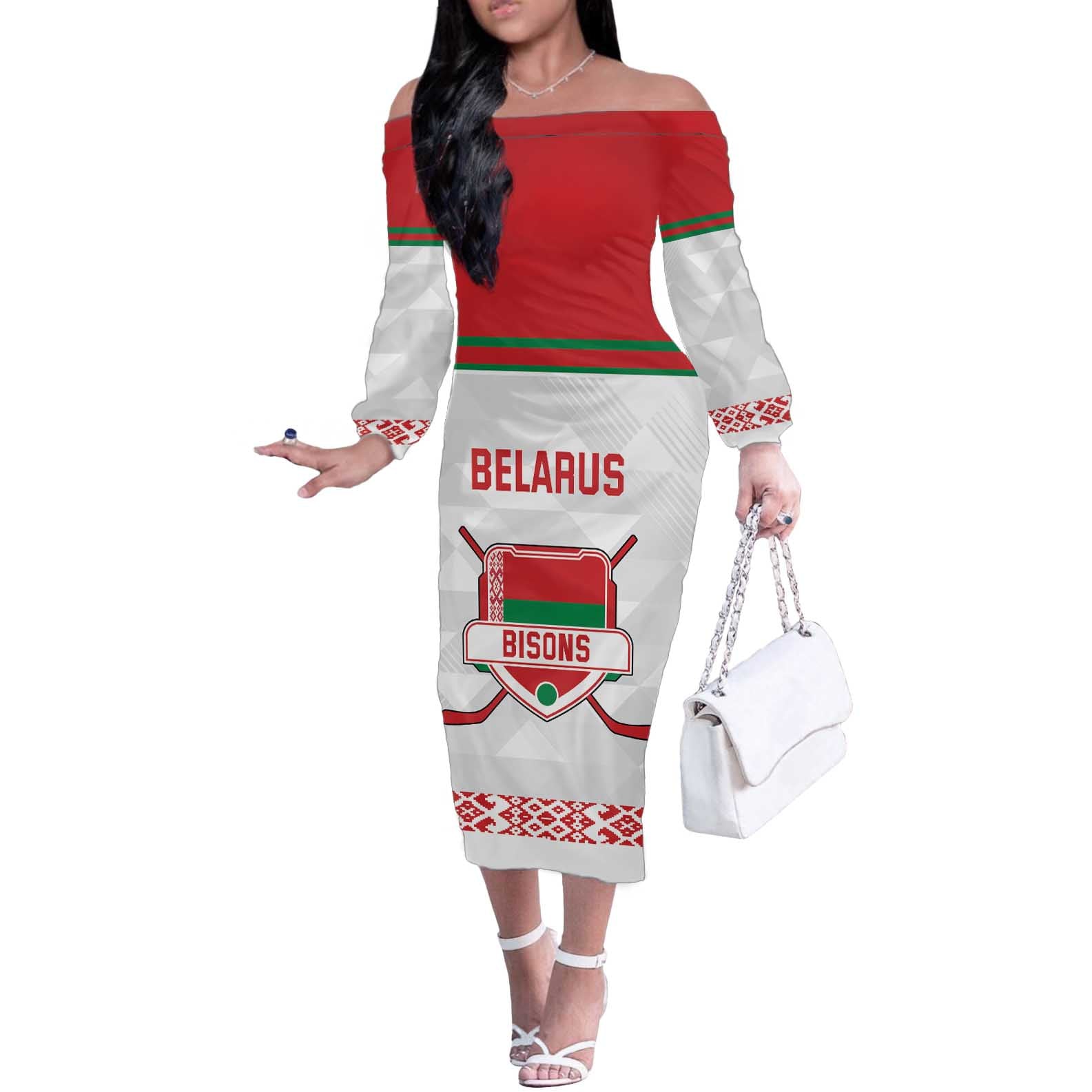 Custom Belarus Ice Hockey Off The Shoulder Long Sleeve Dress 2025 Go Bisons White Version