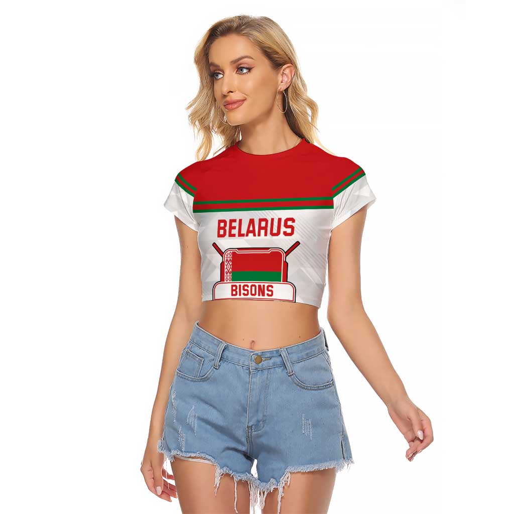 Custom Belarus Ice Hockey Raglan Cropped T Shirt 2025 Go Bisons White Version