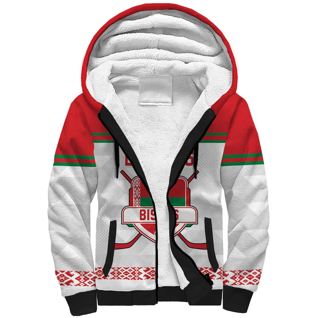 Custom Belarus Ice Hockey Sherpa Hoodie 2025 Go Bisons White Version