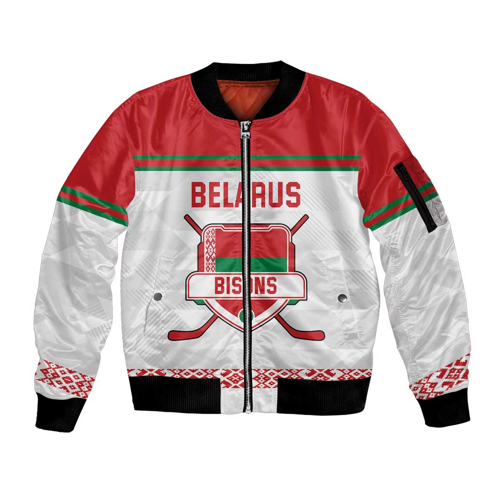 Custom Belarus Ice Hockey Sleeve Zip Bomber Jacket 2025 Go Bisons White Version