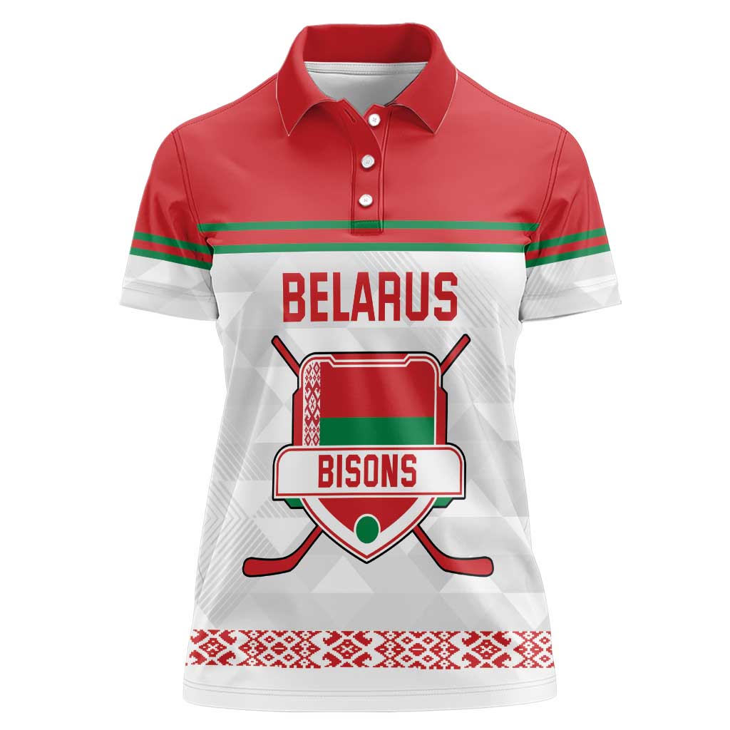 Custom Belarus Ice Hockey Women Polo Shirt 2025 Go Bisons White Version