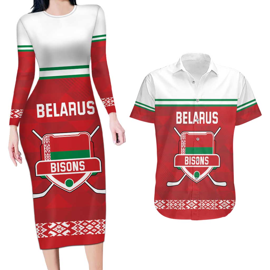 Custom Belarus Ice Hockey Couples Matching Long Sleeve Bodycon Dress and Hawaiian Shirt 2025 Go Bisons Red Version