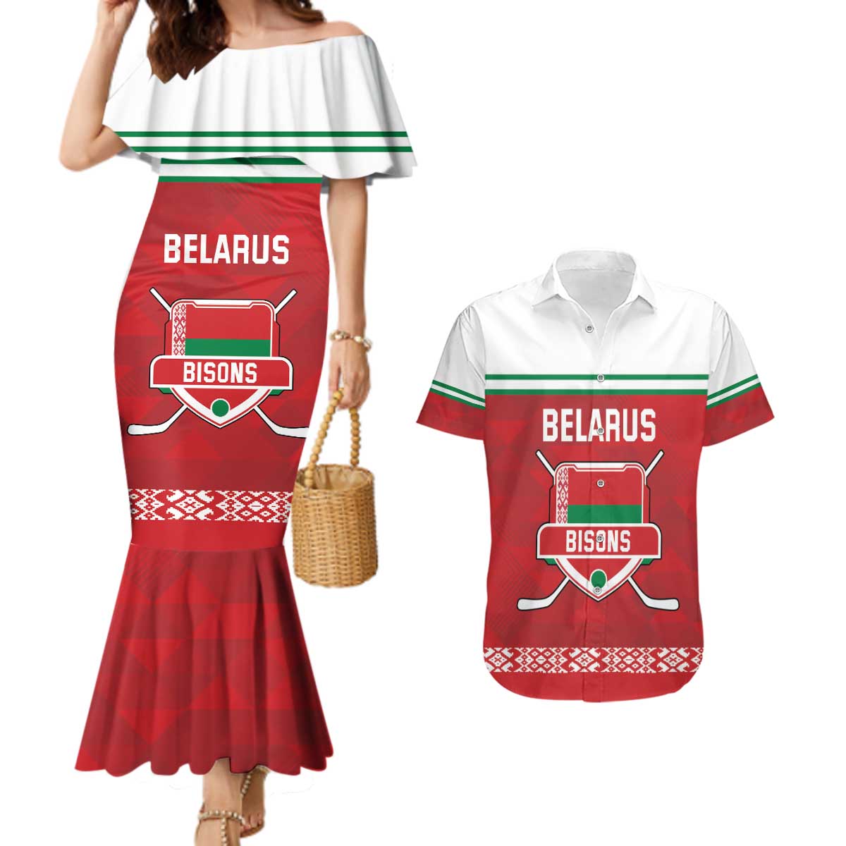 Custom Belarus Ice Hockey Couples Matching Mermaid Dress and Hawaiian Shirt 2025 Go Bisons Red Version