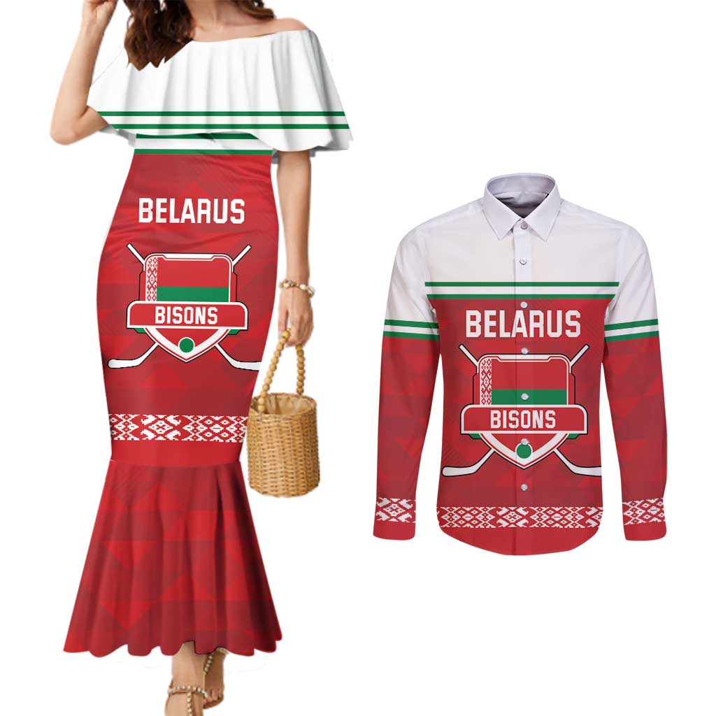 Custom Belarus Ice Hockey Couples Matching Mermaid Dress and Long Sleeve Button Shirt 2025 Go Bisons Red Version