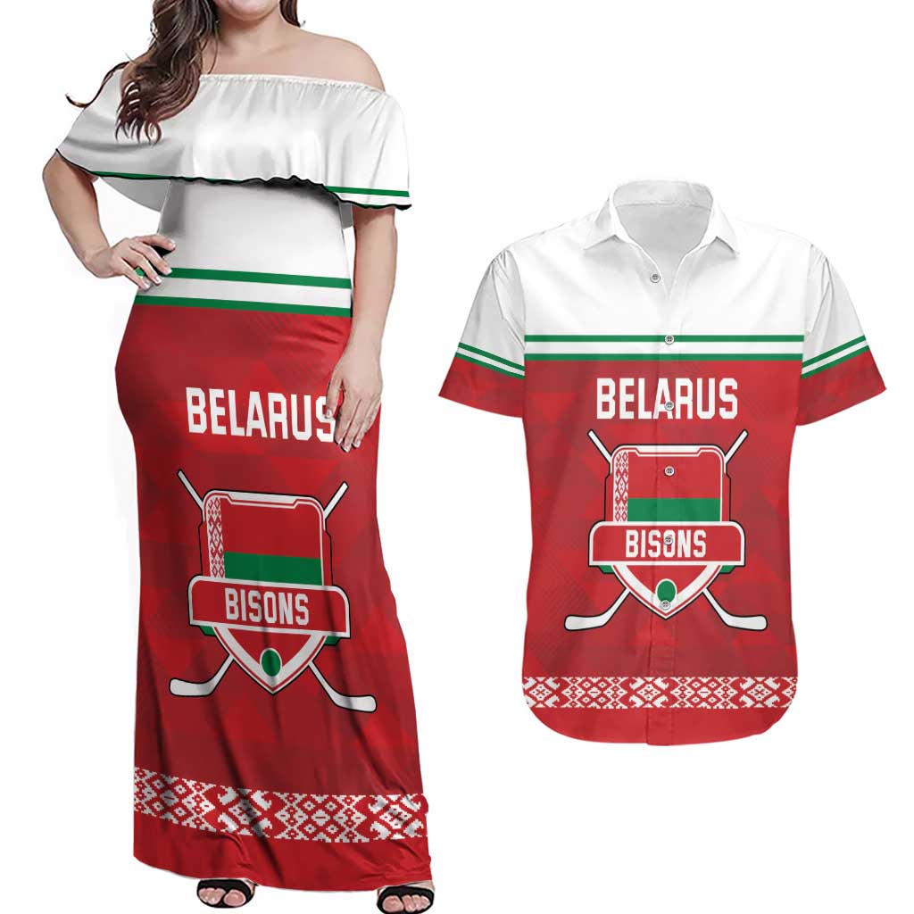 Custom Belarus Ice Hockey Couples Matching Off Shoulder Maxi Dress and Hawaiian Shirt 2025 Go Bisons Red Version