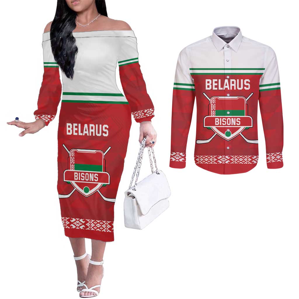 Custom Belarus Ice Hockey Couples Matching Off The Shoulder Long Sleeve Dress and Long Sleeve Button Shirt 2025 Go Bisons Red Version