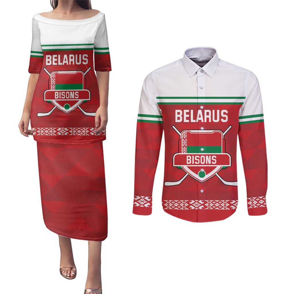 Custom Belarus Ice Hockey Couples Matching Puletasi and Long Sleeve Button Shirt 2025 Go Bisons Red Version