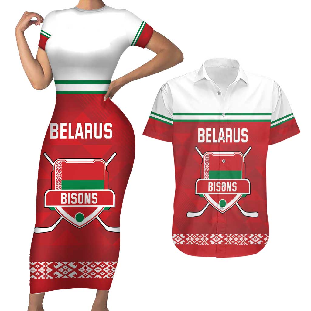 Custom Belarus Ice Hockey Couples Matching Short Sleeve Bodycon Dress and Hawaiian Shirt 2025 Go Bisons Red Version