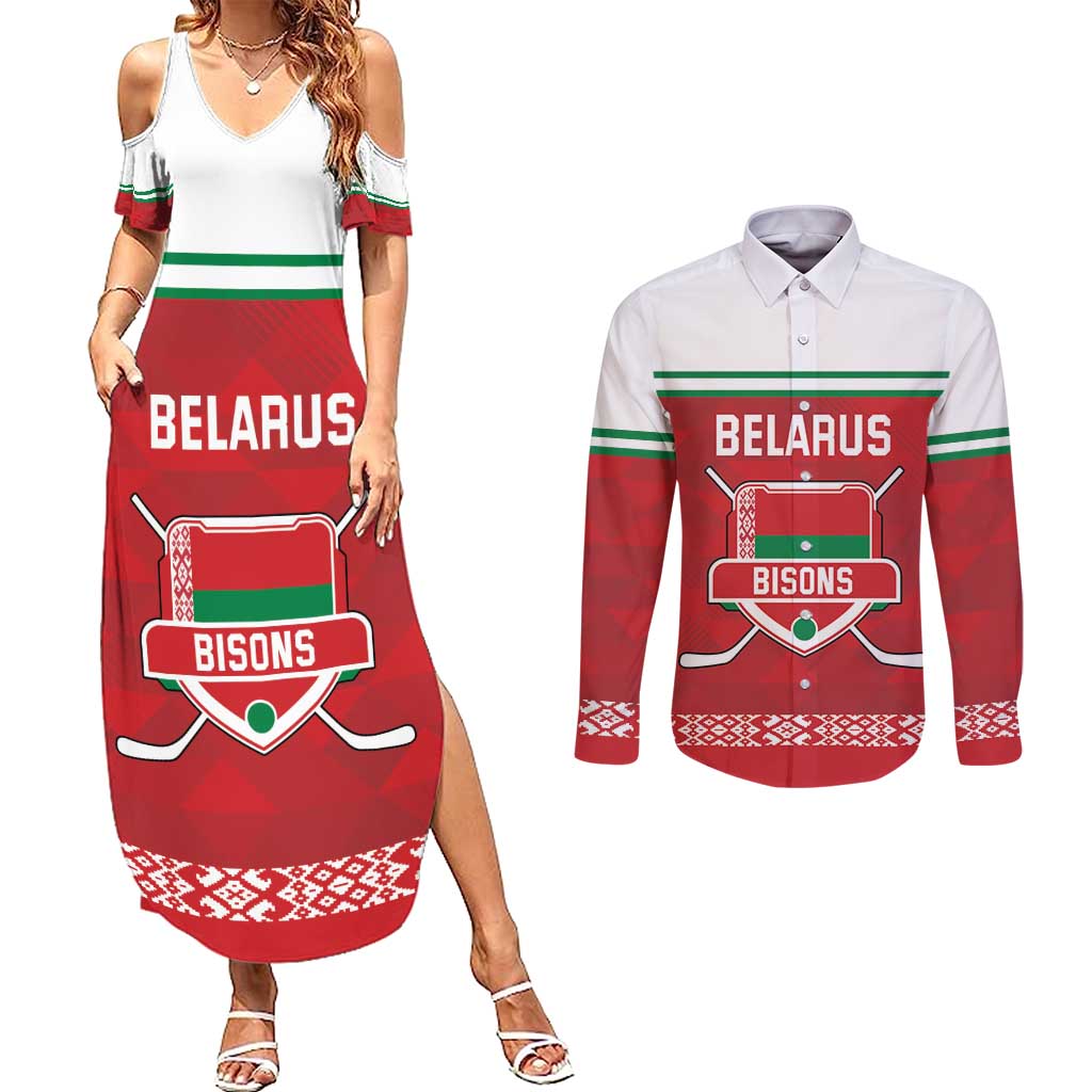 Custom Belarus Ice Hockey Couples Matching Summer Maxi Dress and Long Sleeve Button Shirt 2025 Go Bisons Red Version